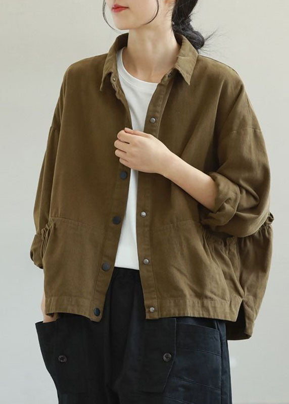 Plus Size Army Green Ruffled Pockets Solid Color Cotton Jacket Long Sleeve - Omychic