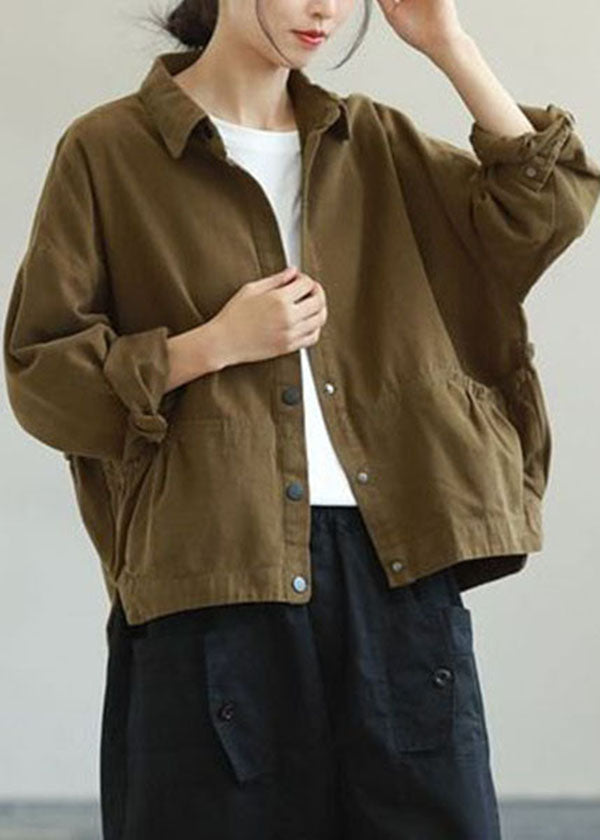 Plus Size Army Green Ruffled Pockets Solid Color Cotton Jacket Long Sleeve - Omychic