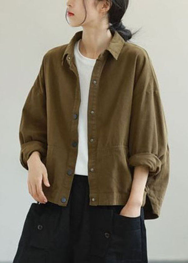 Plus Size Army Green Ruffled Pockets Solid Color Cotton Jacket Long Sleeve - Omychic