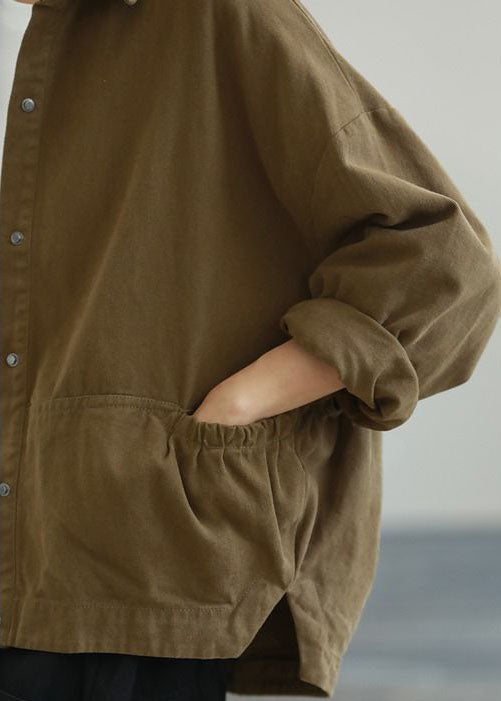 Plus Size Army Green Ruffled Pockets Solid Color Cotton Jacket Long Sleeve - Omychic