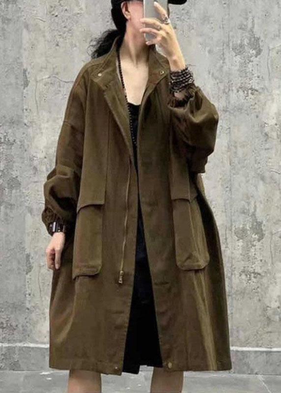Plus Size Army Green Stand Collar Zippered Pockets Fall Long sleeve Trench Coat - Omychic