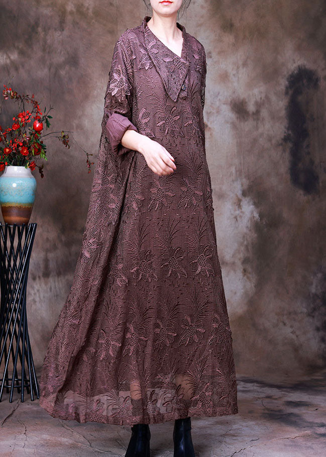 Plus Size Art Coffee Asymmetrical Lace Dress Spring