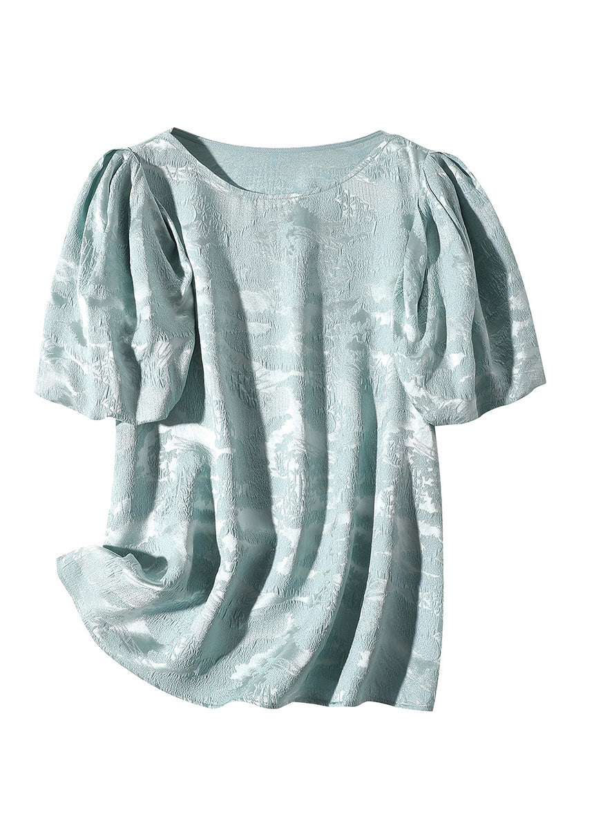 Plus Size Baby Blue O-Neck Jacquard Silk Top Puff Sleeve