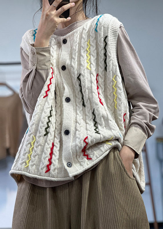 Plus Size Beige Embroideried Button Thick Wool Knit Vests Winter
