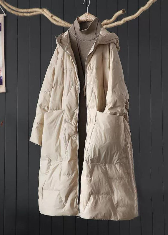 Plus Size Beige Hooded Pockets Fine Cotton Filled Parkaer Winter