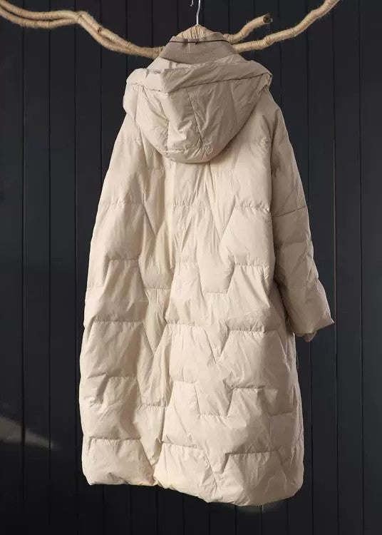 Plus Size Beige Hooded Pockets Fine Cotton Filled Parkaer Winter