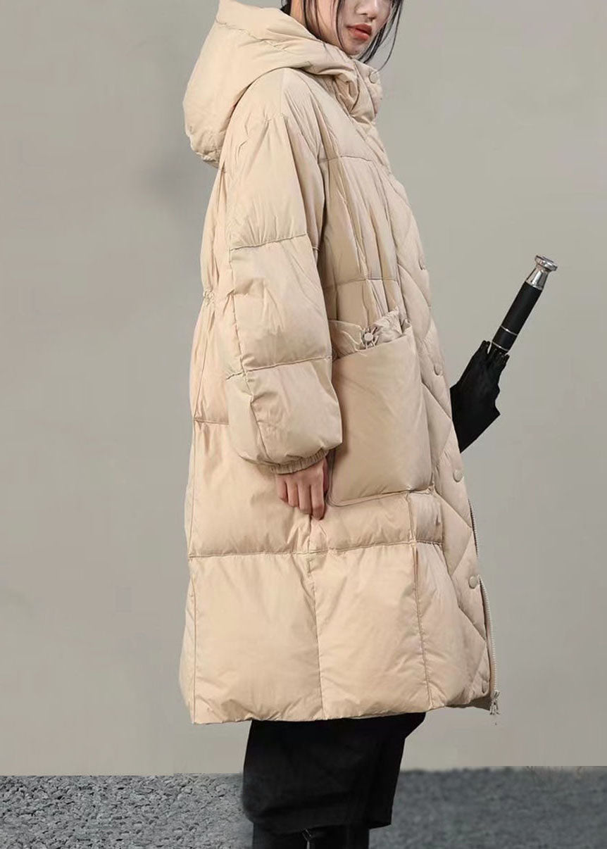 Plus Size Beige Hooded Solid Pockets Duck Down Winter Coats