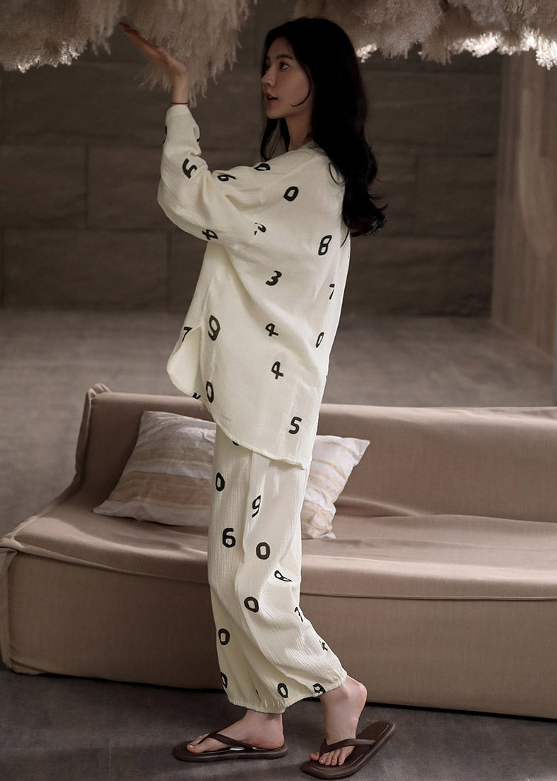 Plus Size Beige Print Button Low High Design Cotton Pajamas Two Pieces Set Long Sleeve