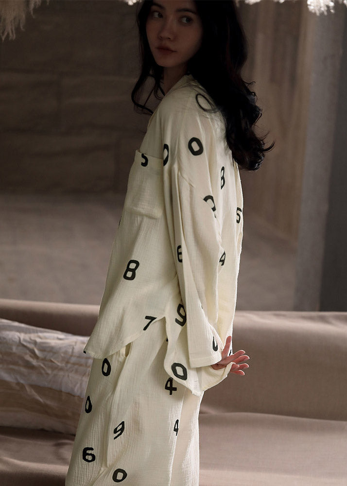 Plus Size Beige Print Button Low High Design Cotton Pajamas Two Pieces Set Long Sleeve