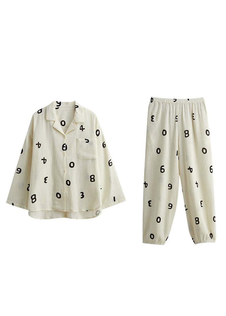 Plus Size Beige Print Button Low High Design Cotton Pajamas Two Pieces Set Long Sleeve