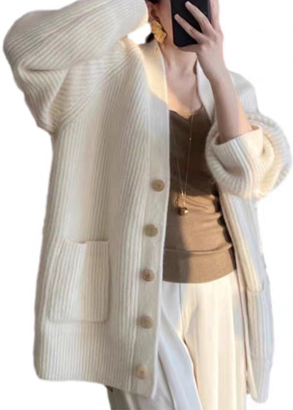 Plus Size Beige V Neck Button Pockets Cotton Knit Coats Fall