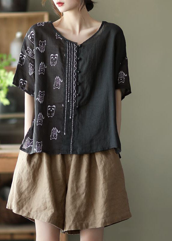 Plus Size Black Asymmetrical Character Print Cotton Top Half Sleeve