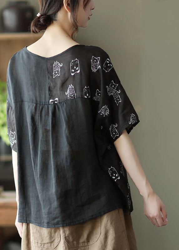 Plus Size Black Asymmetrical Character Print Cotton Top Half Sleeve