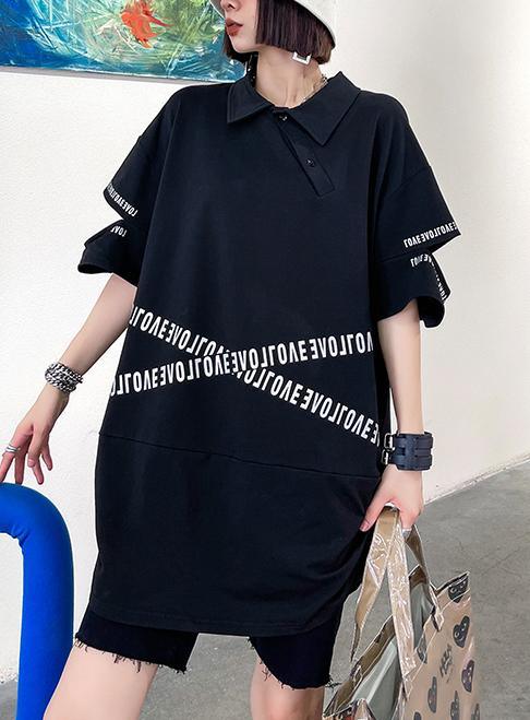 Plus Size Black Asymmetrical Design Graphic Cotton Summer Holiday Dress - Omychic