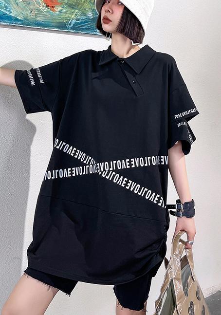 Plus Size Black Asymmetrical Design Graphic Cotton Summer Holiday Dress - Omychic