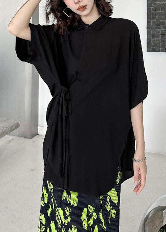 Plus Size Black Asymmetrical Lace Up Patchwork Cotton Shirt Batwing Sleeve