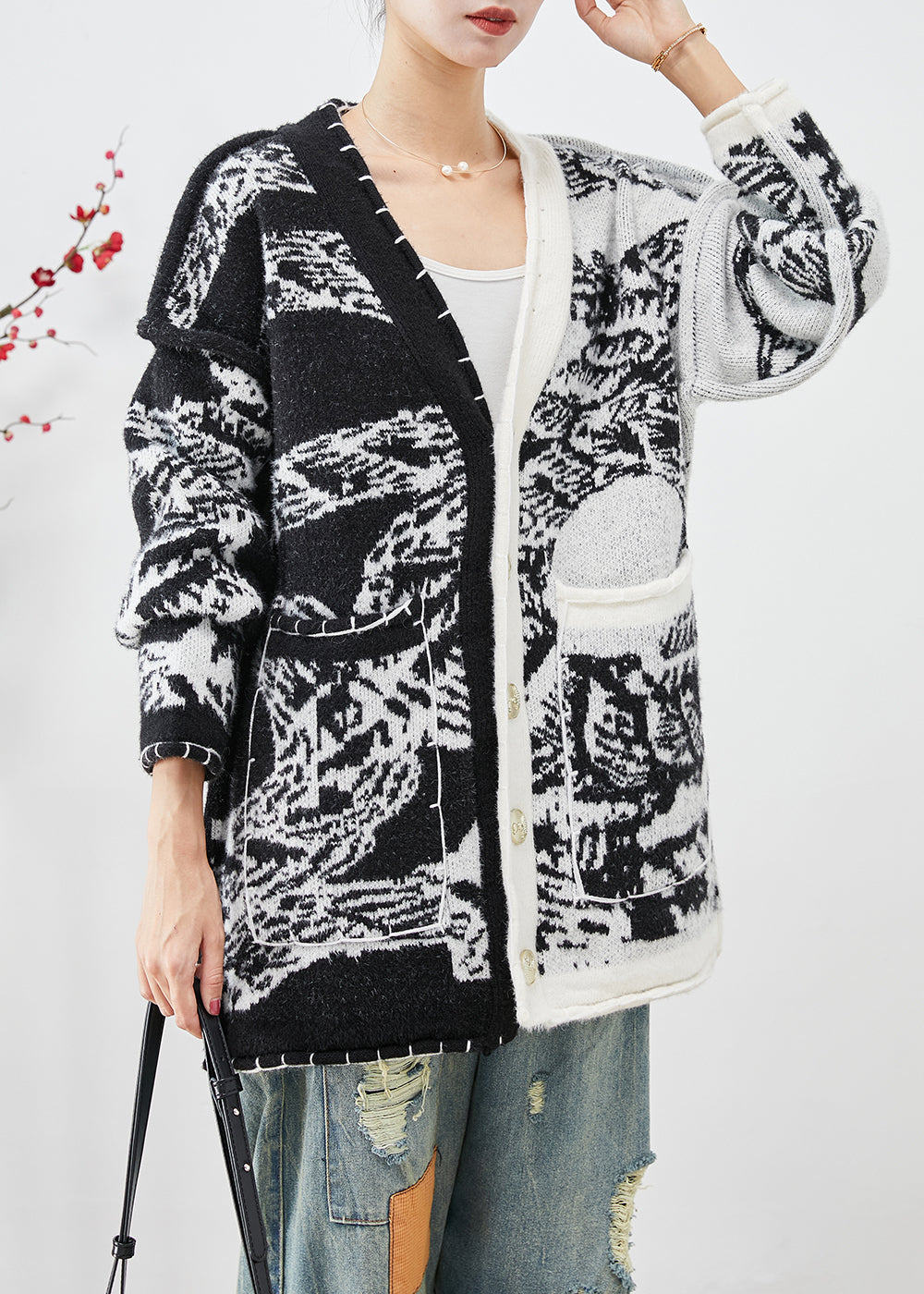 Plus Size Black Asymmetrical Tie Dye Knit Cardigans Fall