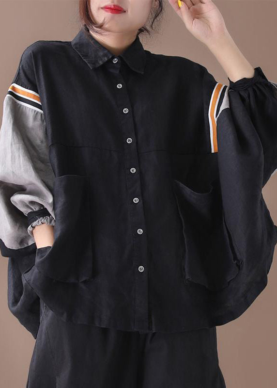 Plus Size Black Button Pockets Patchwork Cotton Shirt Batwing Sleeve