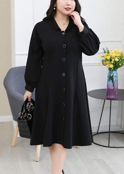 Plus Size Black Button Pockets Patchwork Cotton Shirts Dresses Long Sleeve