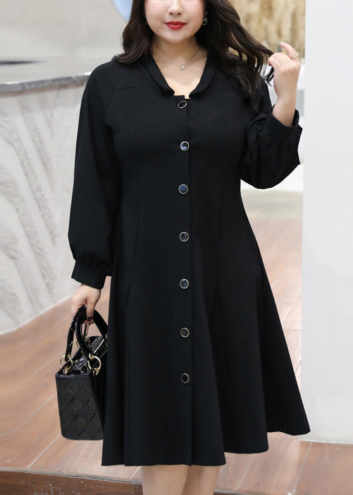 Plus Size Black Button Pockets Patchwork Cotton Shirts Dresses Long Sleeve