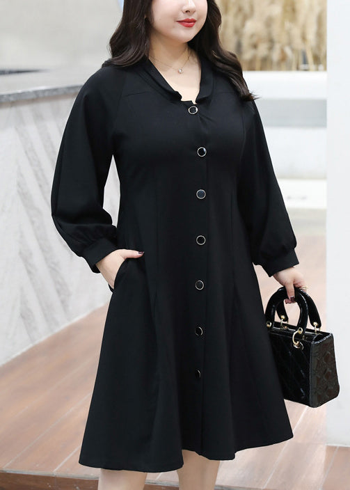 Plus Size Black Button Pockets Patchwork Cotton Shirts Dresses Long Sleeve