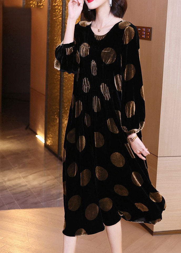 Plus Size Black Dot Print Velour Dress Spring
