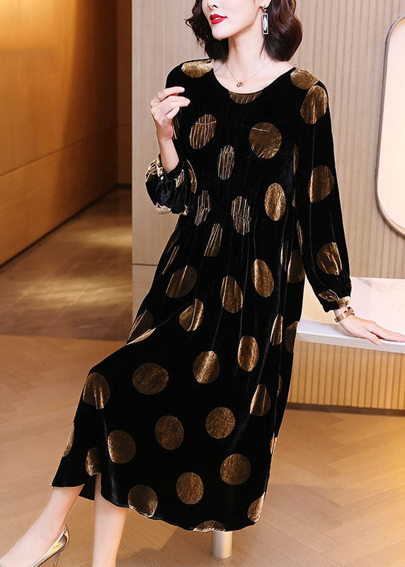 Plus Size Black Dot Print Velour Dress Spring