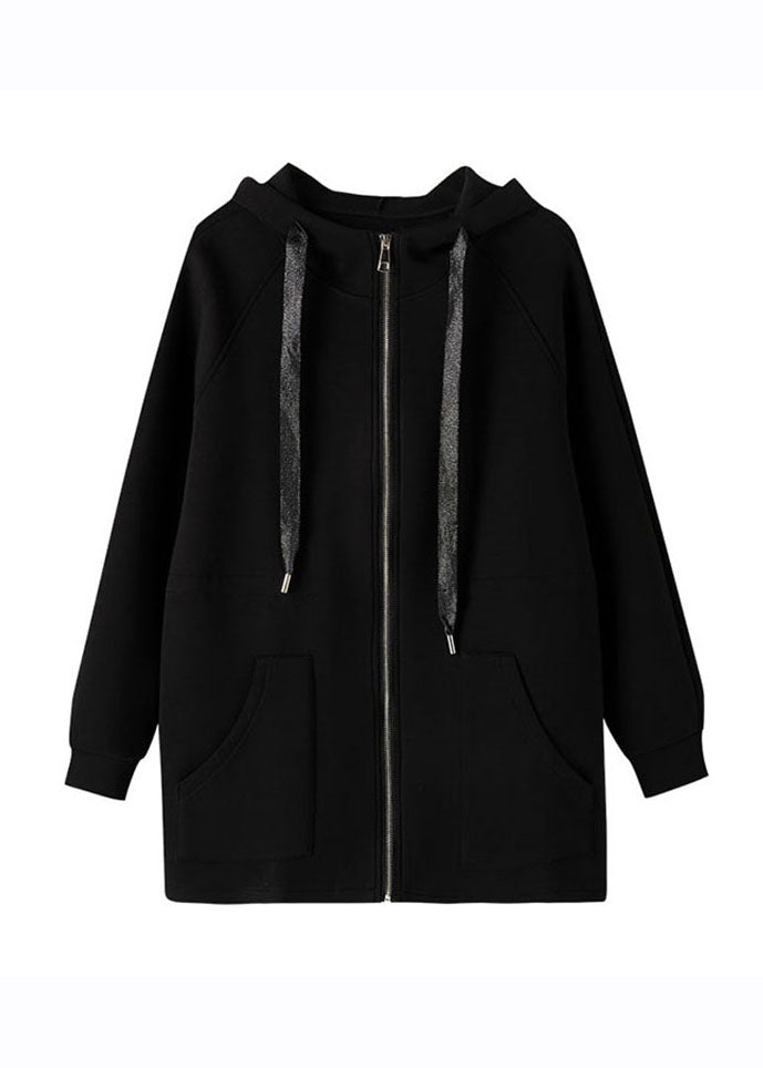 Plus Size Black Drawstring Zippered Hooded Coat Fall
