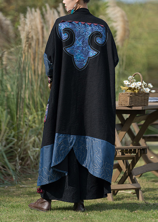 Plus Size Black Embroideried Denim Patchwork  Long Cardigan Fall