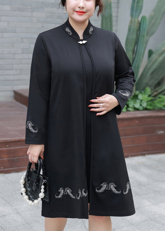 Plus Size Black Embroideried False Two Pieces Cotton Mid Dresses Fall