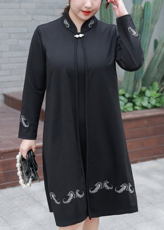 Plus Size Black Embroideried False Two Pieces Cotton Mid Dresses Fall