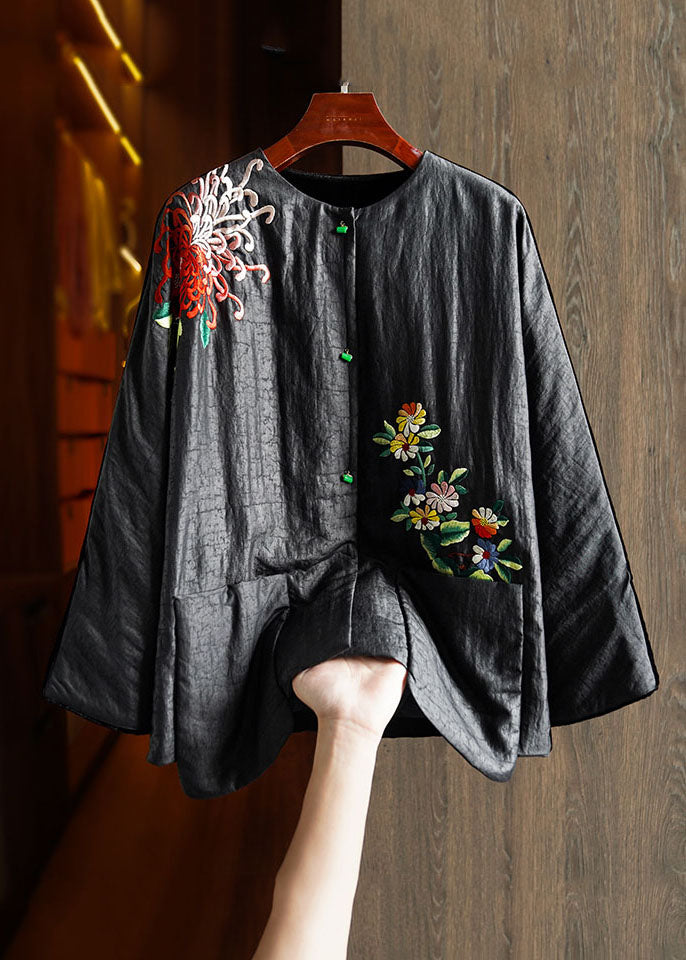 Plus Size Black Embroideried Floral Button Silk Velour Parka Winter