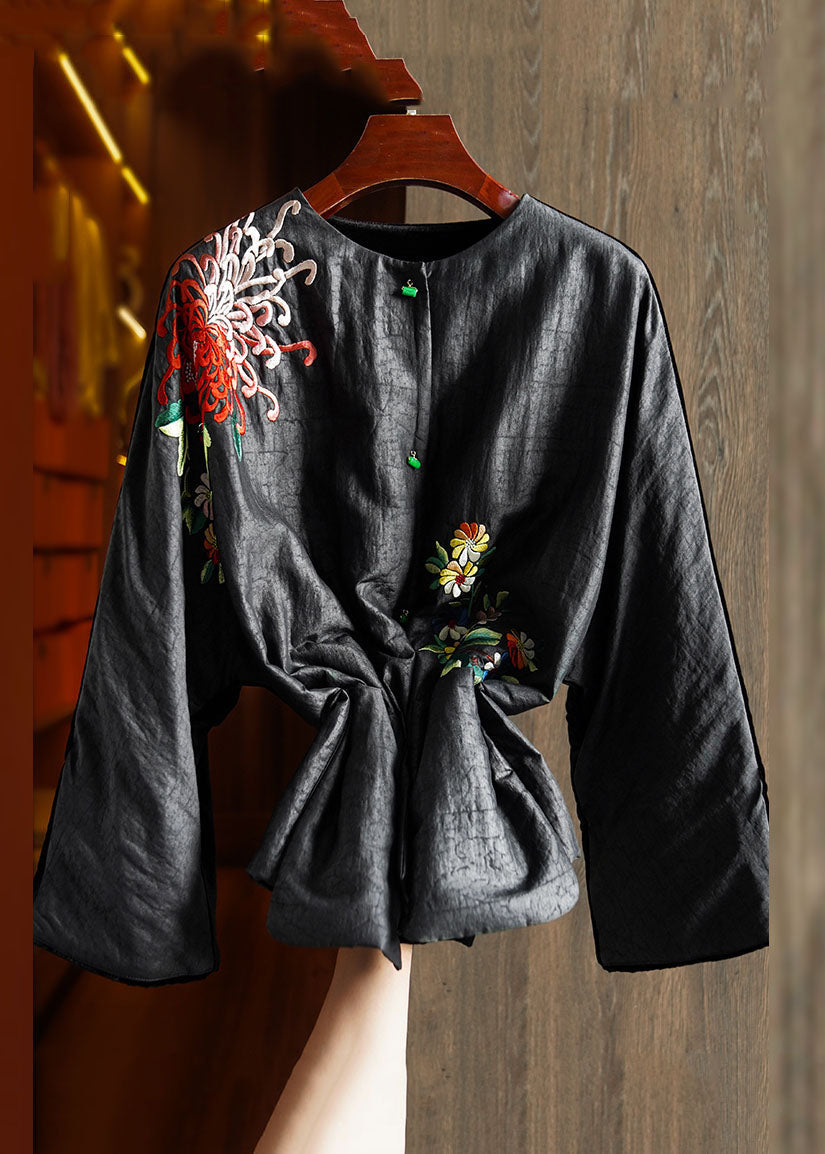 Plus Size Black Embroideried Floral Button Silk Velour Parka Winter
