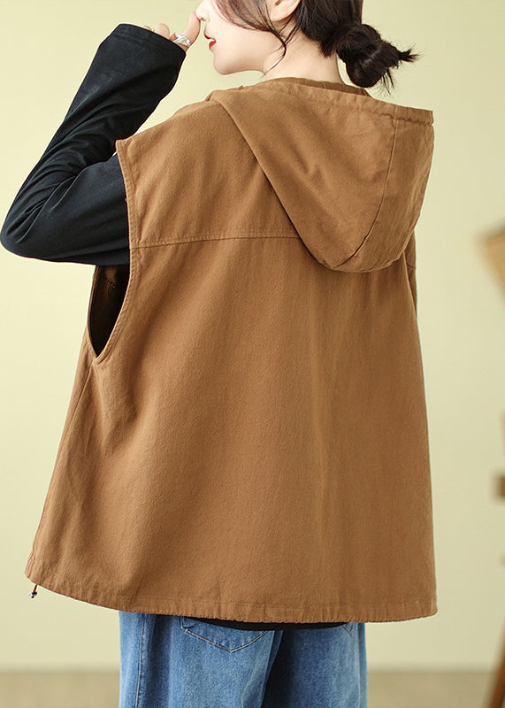 Plus Size Black Hooded Button Drawstring Cotton Waistcoat Sleeveless