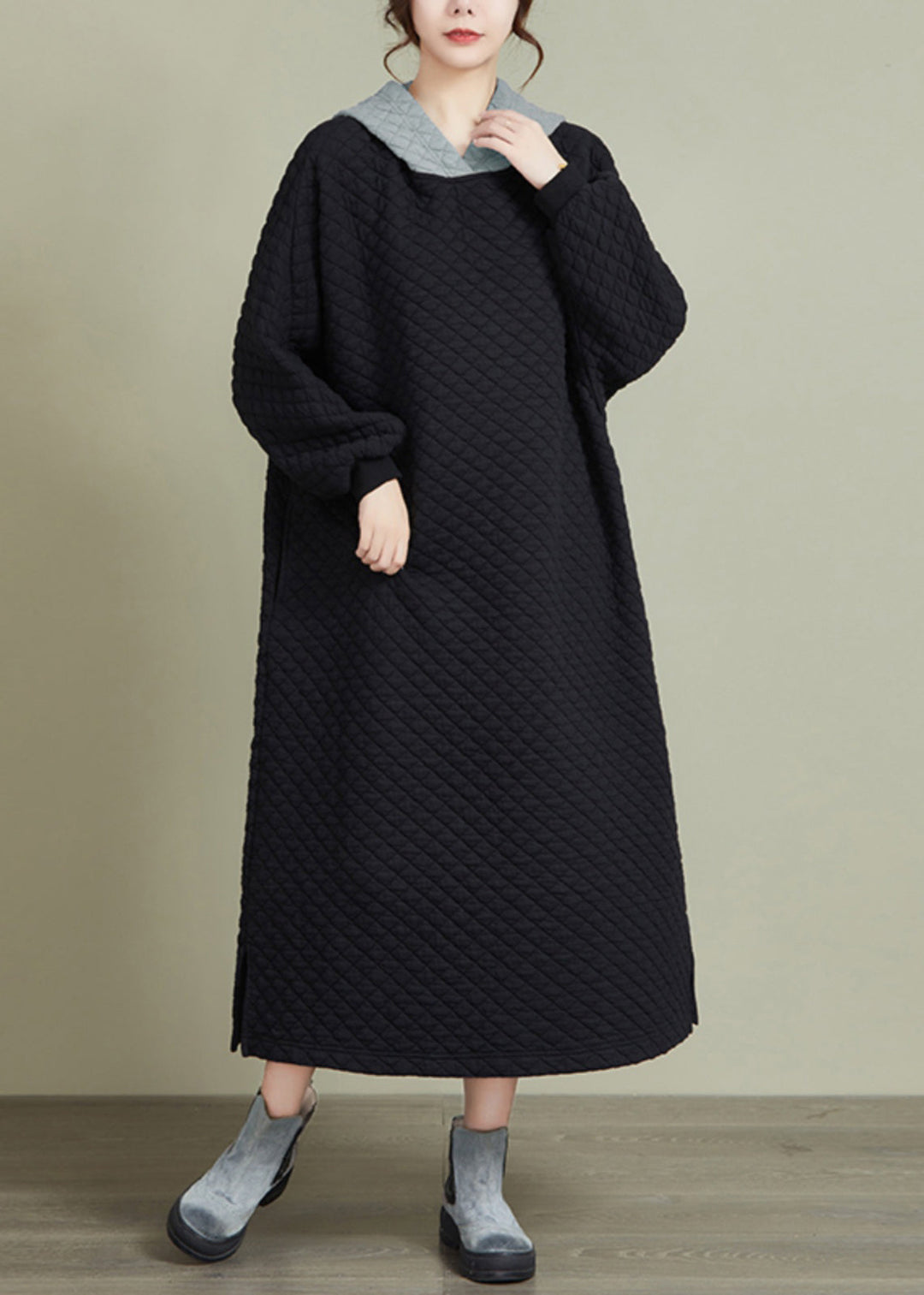 Plus Size Black Hooded Patchwork Thick Long Dresses Long Sleeve