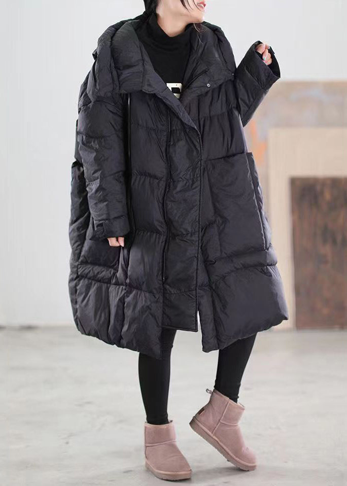 Plus Size Black Hooded Pockets Patchwork Duck Down Coat Winter
