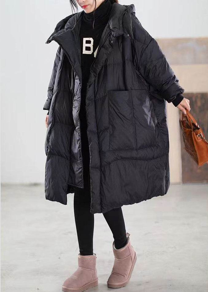 Plus Size Black Hooded Pockets Patchwork Duck Down Coat Winter
