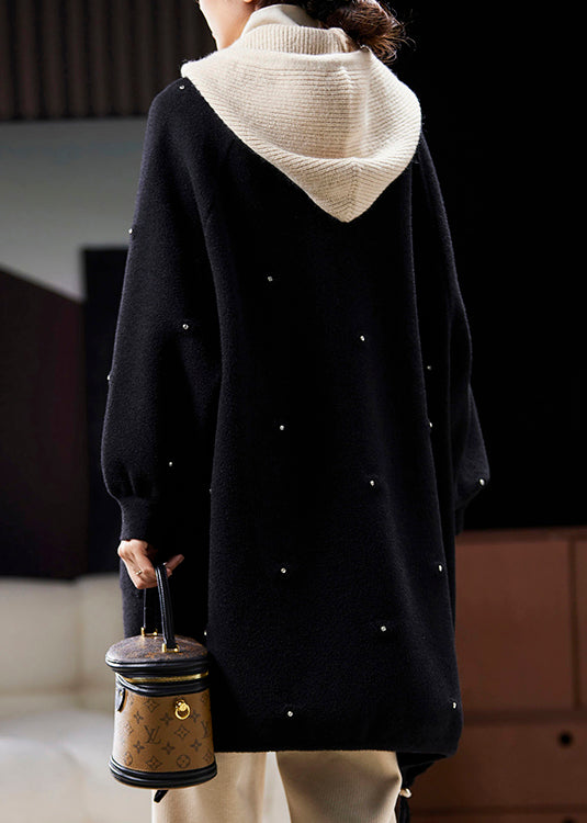 Plus Size Black Hooded Zircon Patchwork Woolen Coats Spring