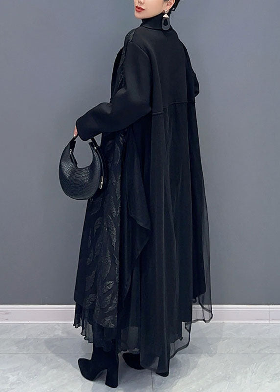 Plus Size Black Notched Tulle Patchwork Maxi Cardigans Long Sleeve