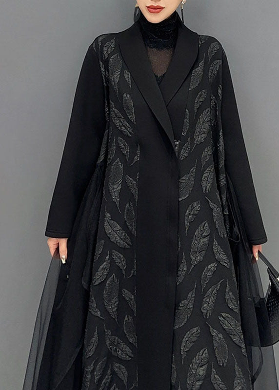 Plus Size Black Notched Tulle Patchwork Maxi Cardigans Long Sleeve