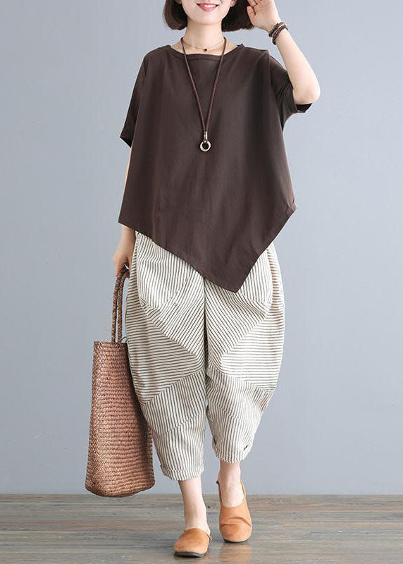 Plus Size Black O-Neck Asymmetrical Tops And Pants Cotton Two Pieces Set Summer