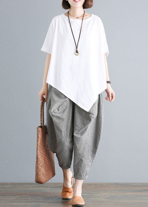 Plus Size Black O-Neck Asymmetrical Tops And Pants Cotton Two Pieces Set Summer