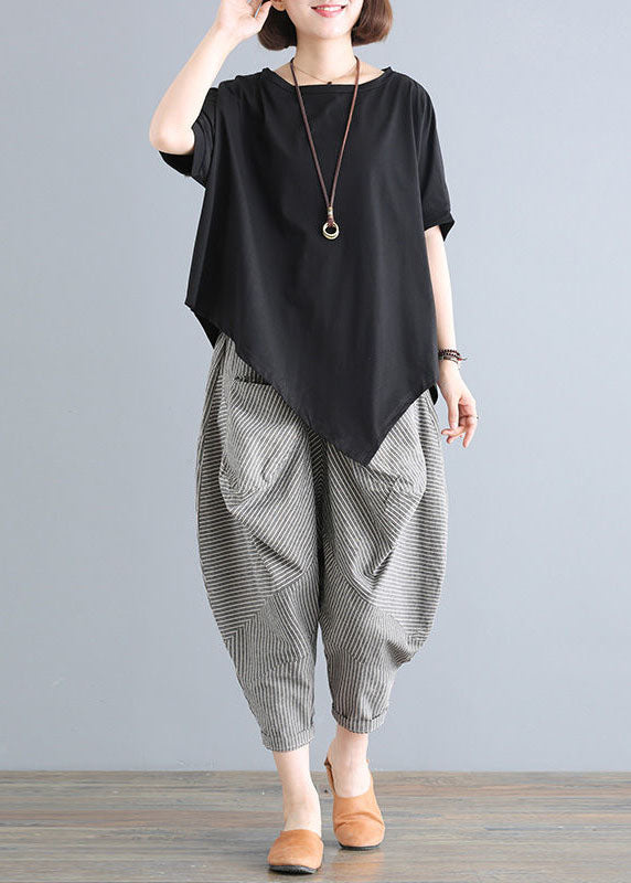 Plus Size Black O-Neck Asymmetrical Tops And Pants Cotton Two Pieces Set Summer