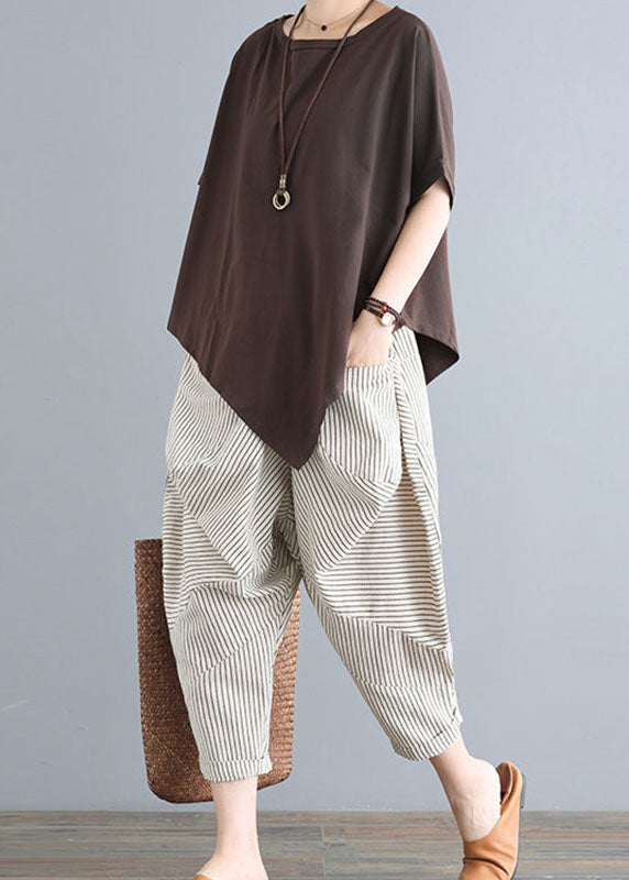 Plus Size Black O-Neck Asymmetrical Tops And Pants Cotton Two Pieces Set Summer