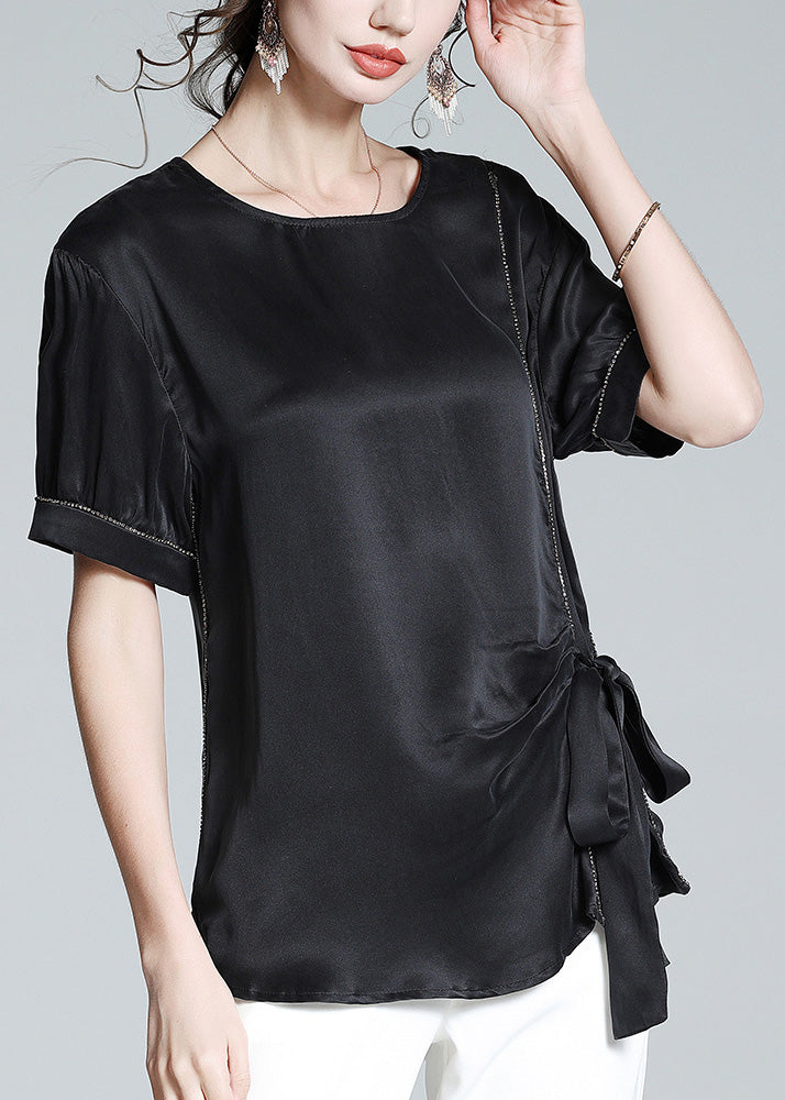 Plus Size Black O-Neck Drawstring Tie Waist Silk T Shirt Summer