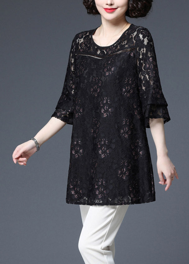 Plus Size Black O-Neck Embroideried Lace Top Half Sleeve