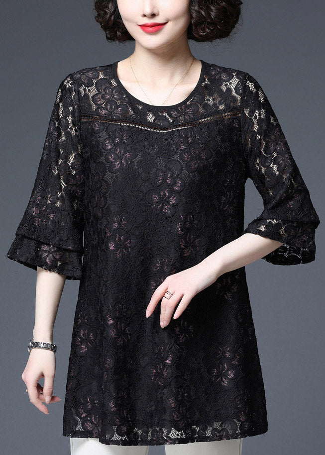 Plus Size Black O-Neck Embroideried Lace Top Half Sleeve