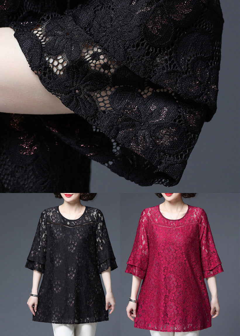 Plus Size Black O-Neck Embroideried Lace Top Half Sleeve