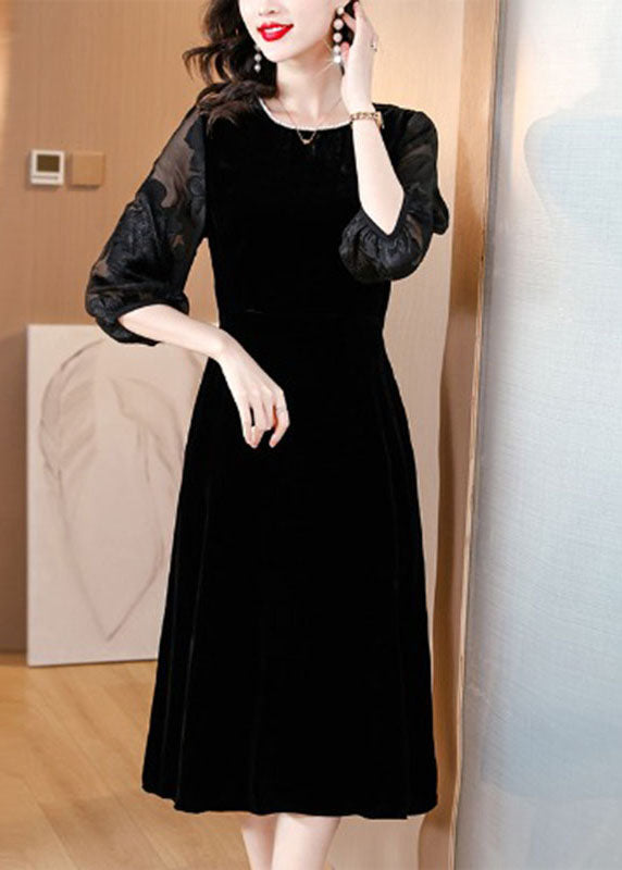 Plus Size Black O-Neck Embroideried Tulle Patchwork Silk Maxi Dresses Fall