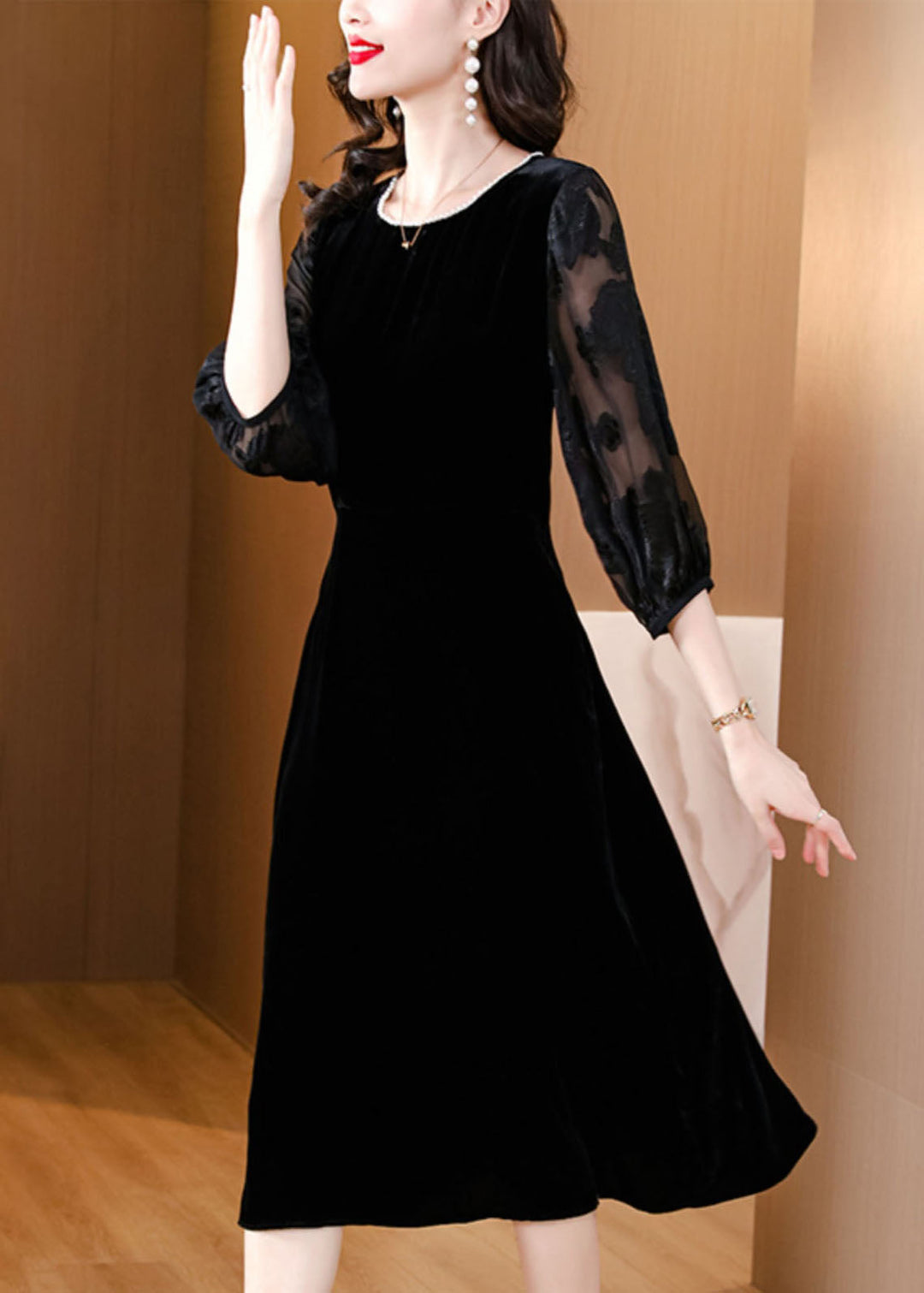 Plus Size Black O-Neck Embroideried Tulle Patchwork Silk Maxi Dresses Fall